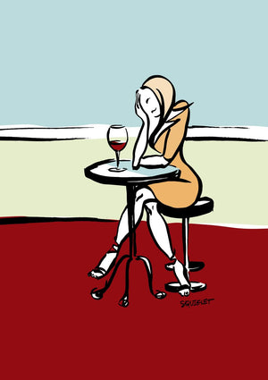 Girl Enjoying Red Wine In A Café - Squiglet Drawings For Sale