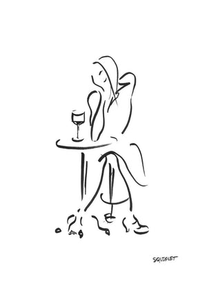Girl Contemplating In A Café With A Glass Of Wine - Squiglet Drawing For Sale